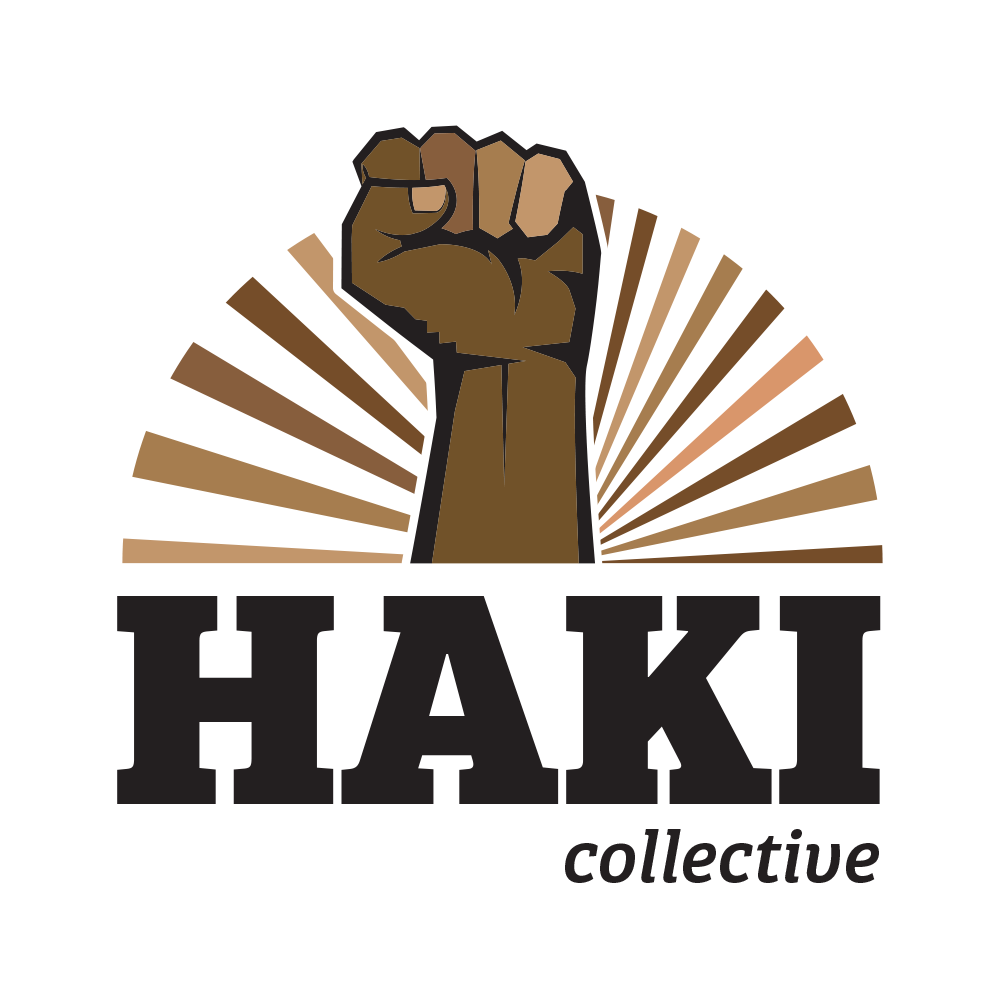 Logo with a raised fist in different shades of brown. Behind are rays in the shape of a wheel. Text reads 'Haki Collective'. 