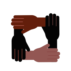 Four black and brown skin tone hands are joined together in a squared circle
