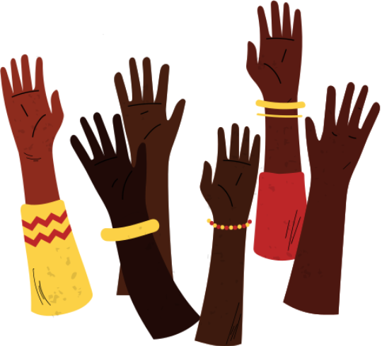 A group of black and brown hands raised up, with different sleeves and bracelets in shades of red and yellow